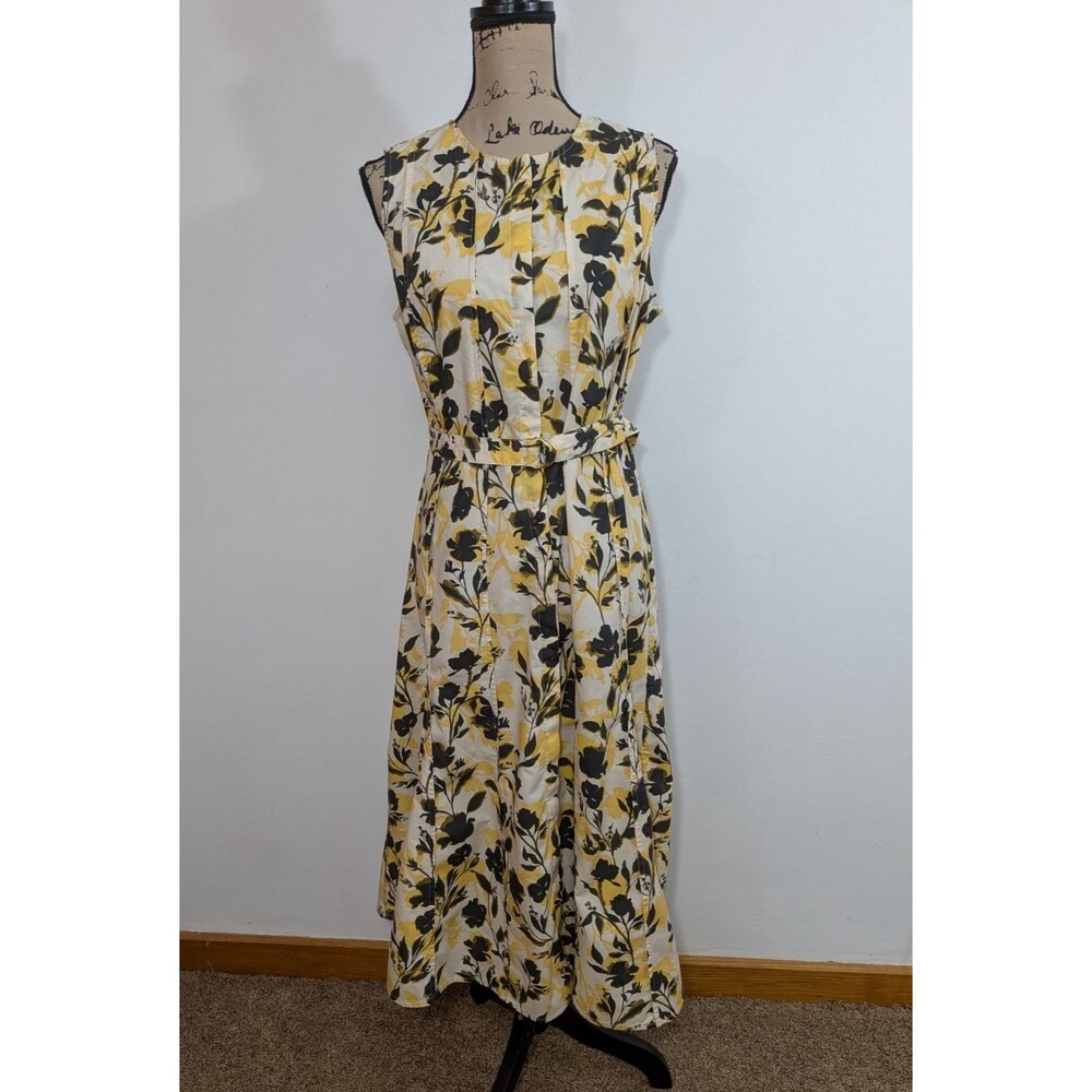 J Crew Women's M Seamed Midi Dress Floral Belted Cotton Sleeveless Yellow CJ531